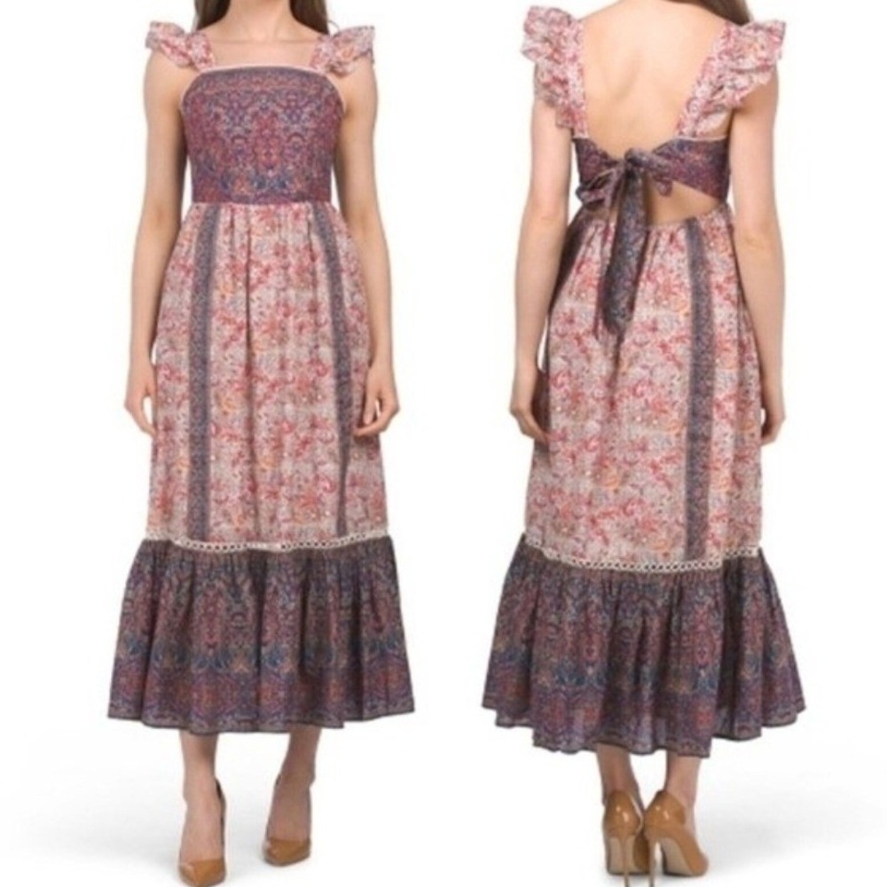 Haute Hippie Paisley Floral Maxi Dress 10 Red Blue Boho Tie Back Cottage Prairie - Picture 2 of 14